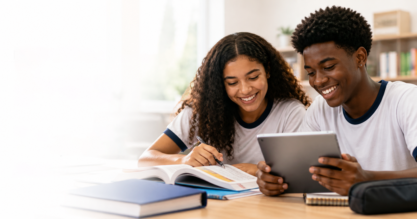 Estudantes consultando livro impresso e tablet juntos